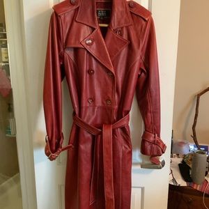 Red 100% leather trench coat with white stitching